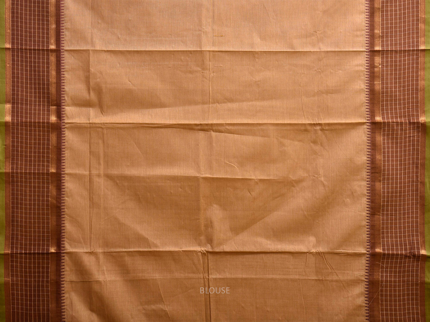 Cream and Fawn Kanchipuram Cotton Plain Saree with Checks Border Design k0921