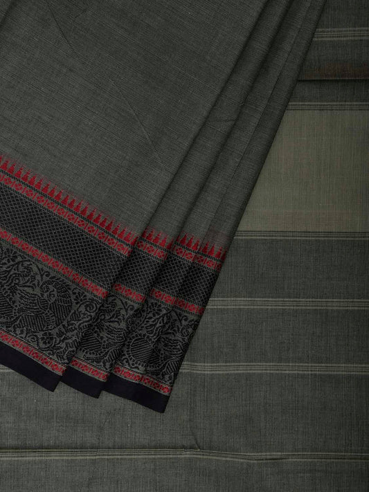 Sea Green and Black Kanchipuram Cotton Plain Saree with Border and Strips Pallu Design k0922