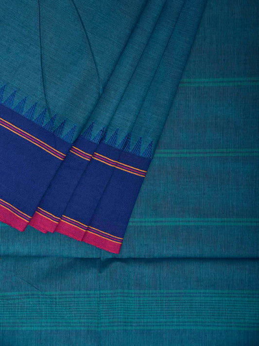 Teal and Blue Kanchipuram Cotton Plain Saree with Strips Pallu Design k0923