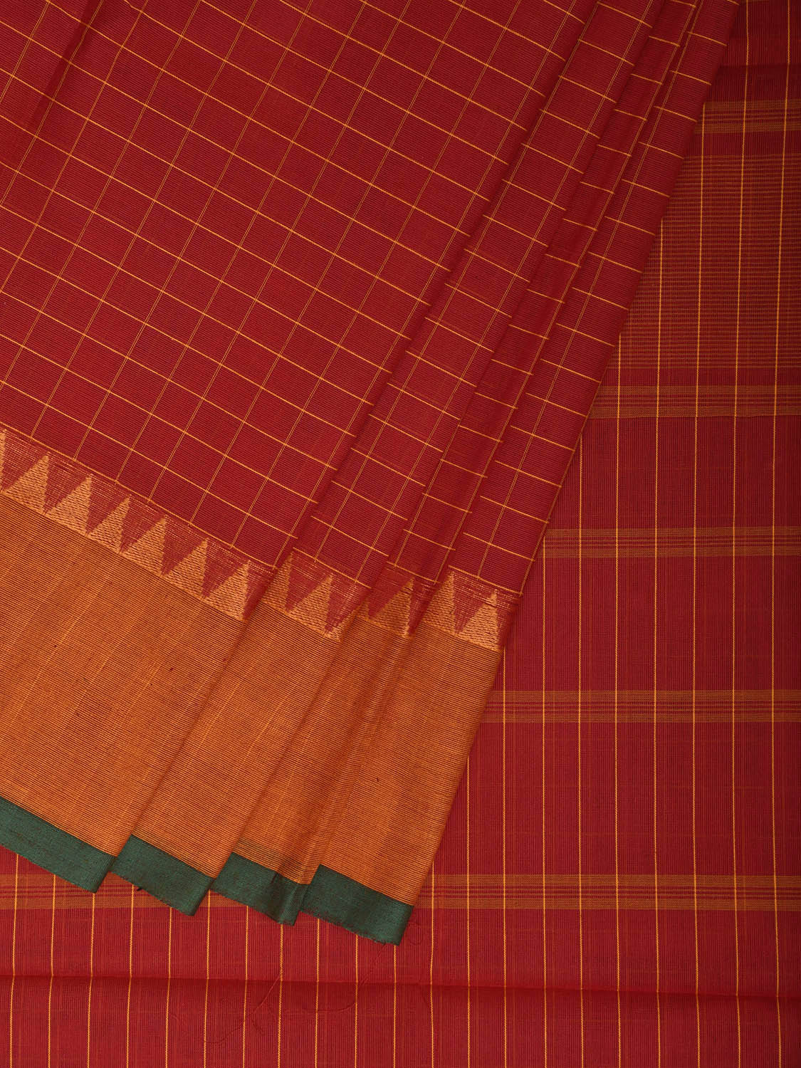 Red and Orange Kanchipuram Cotton Saree with Checks and Strips Pallu Design k0924