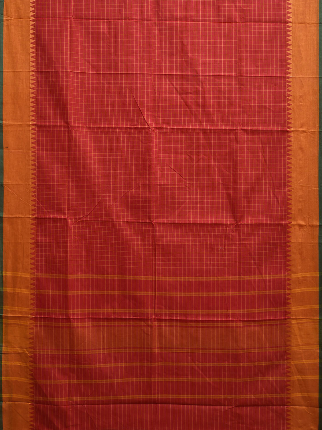 Red and Orange Kanchipuram Cotton Saree with Checks and Strips Pallu Design k0924