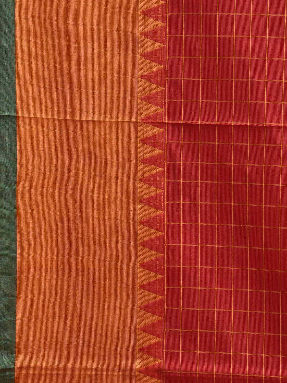Red and Orange Kanchipuram Cotton Saree with Checks and Strips Pallu Design k0924