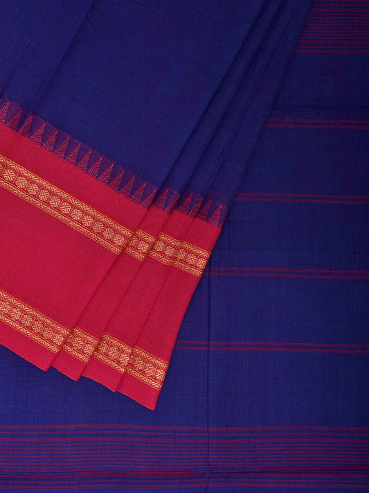 Dark Blue and Pink Kanchipuram Cotton Plain Saree with Strips Pallu Design k0925