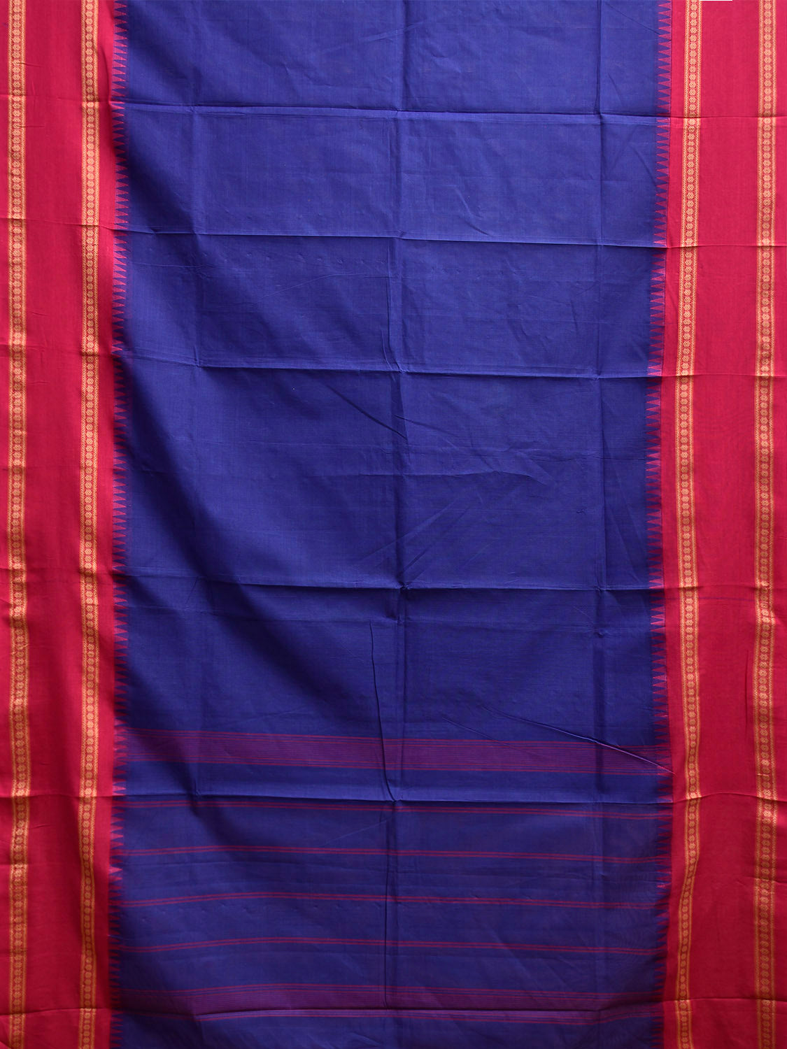 Dark Blue and Pink Kanchipuram Cotton Plain Saree with Strips Pallu Design k0925