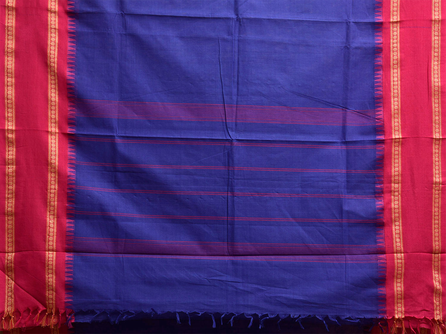 Dark Blue and Pink Kanchipuram Cotton Plain Saree with Strips Pallu Design k0925