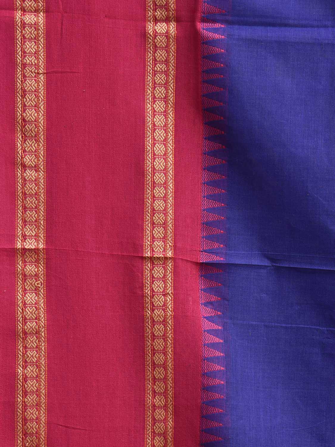 Dark Blue and Pink Kanchipuram Cotton Plain Saree with Strips Pallu Design k0925