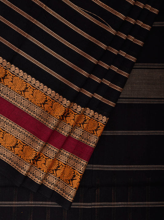 Black Kanchipuram Cotton Saree with Strips and Border Design k0926