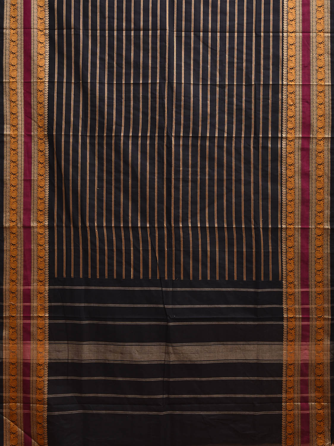 Black Kanchipuram Cotton Saree with Strips and Border Design k0926