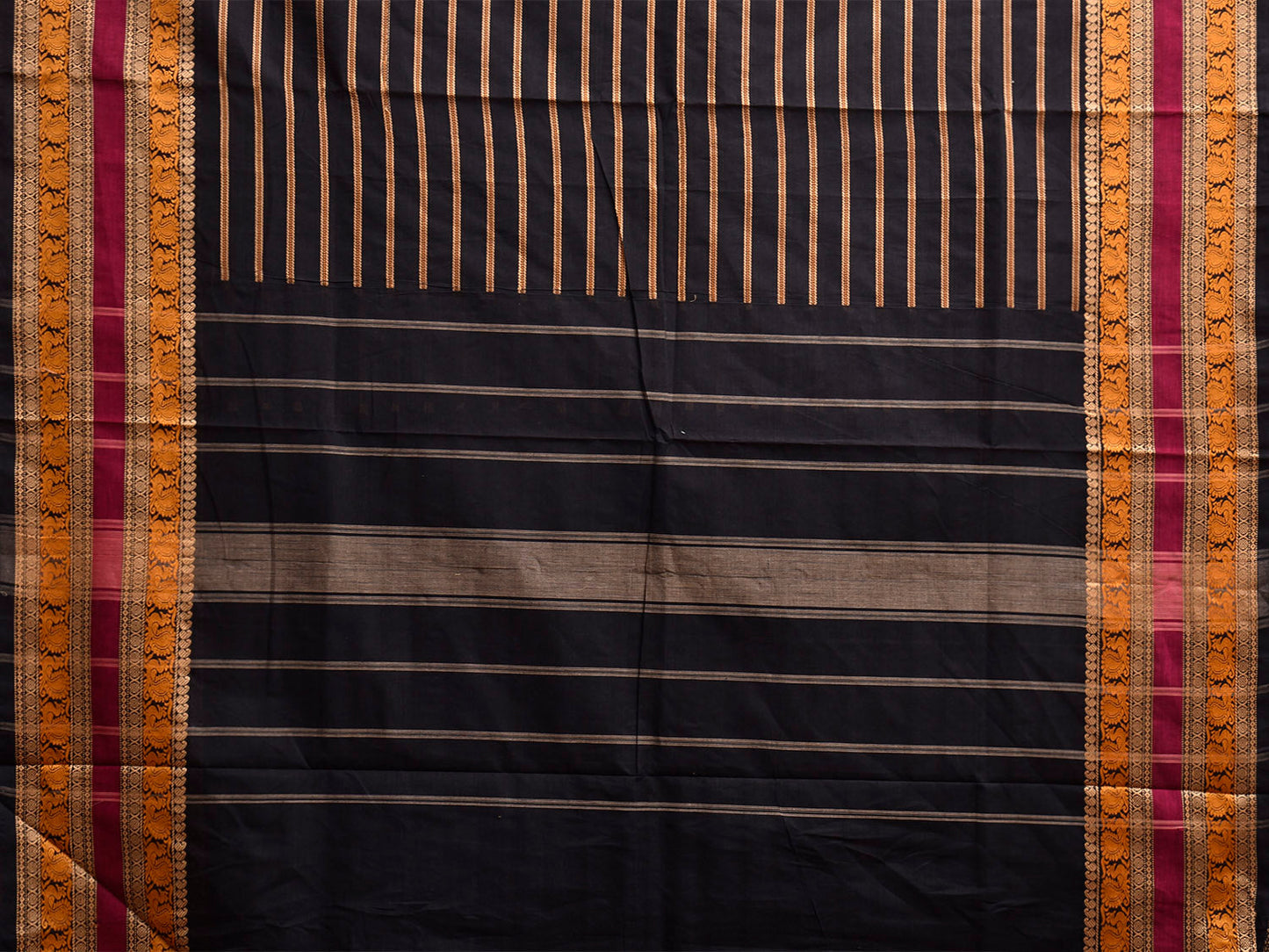 Black Kanchipuram Cotton Saree with Strips and Border Design k0926