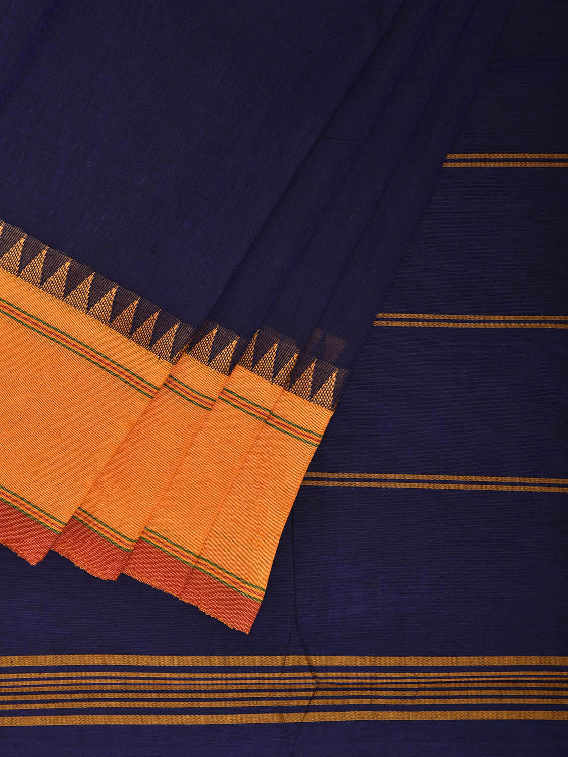 Navy and Yellow Kanchipuram Cotton Plain Saree with Strips Pallu Design k0927