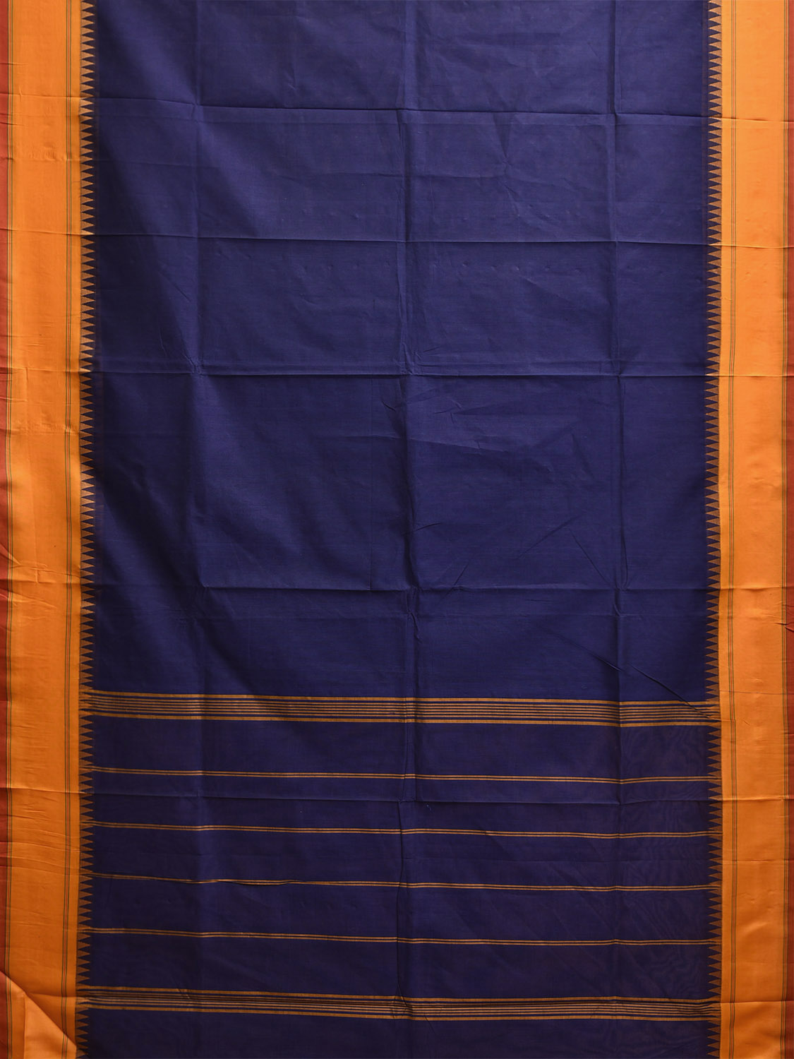Navy and Yellow Kanchipuram Cotton Plain Saree with Strips Pallu Design k0927