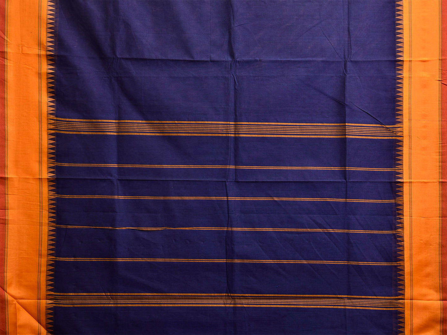 Navy and Yellow Kanchipuram Cotton Plain Saree with Strips Pallu Design k0927