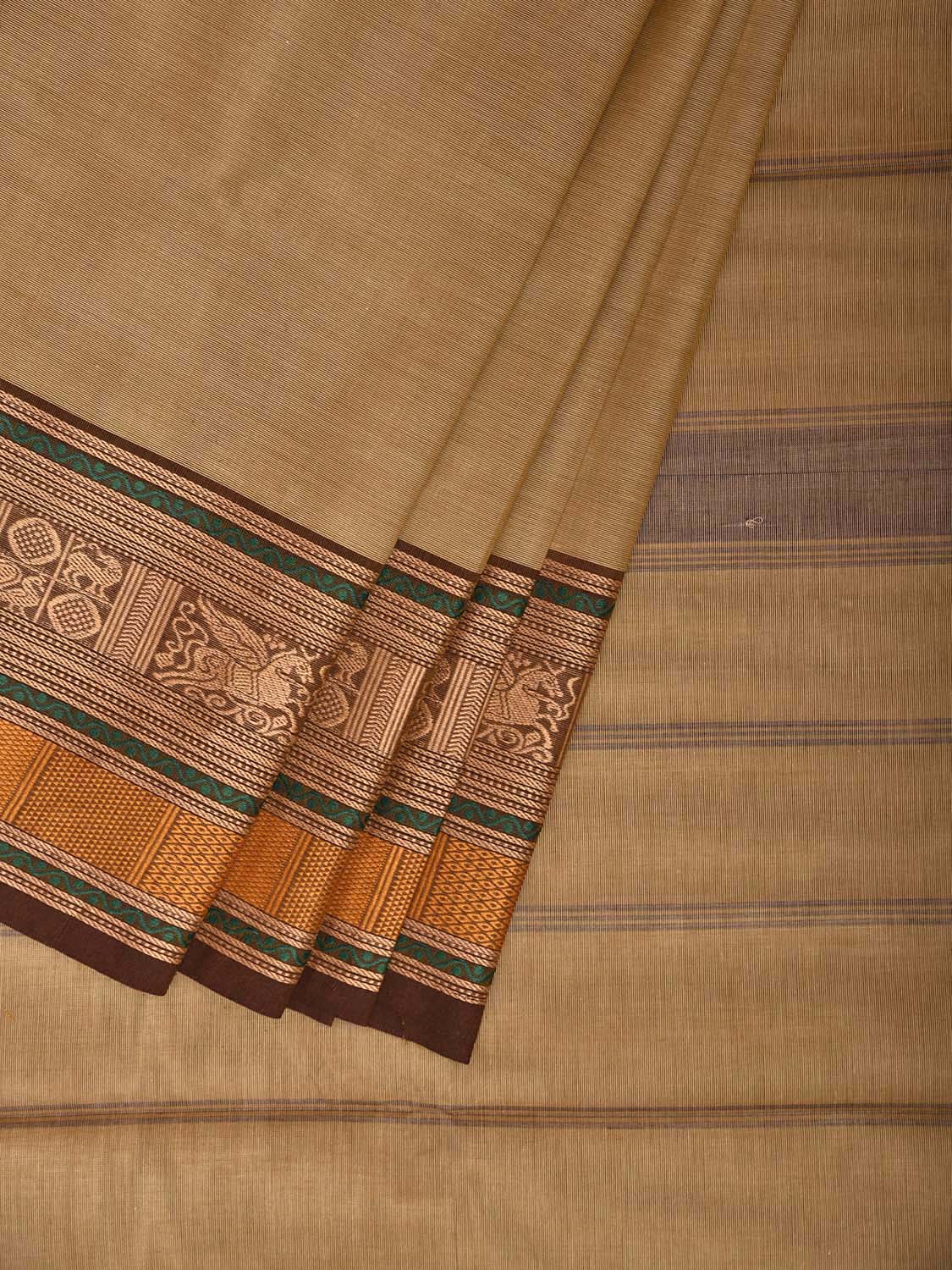 Light Yellow Kanchipuram Cotton Plain Saree with Strips Pallu Design k0928