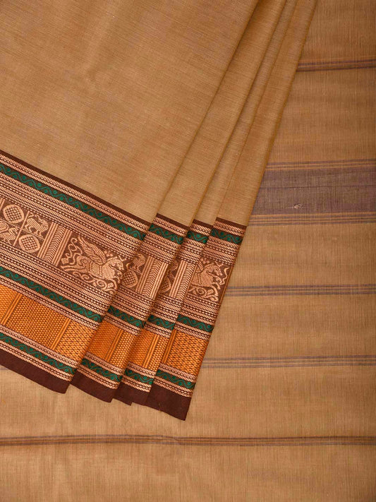Light Yellow Kanchipuram Cotton Plain Saree with Strips Pallu Design k0928