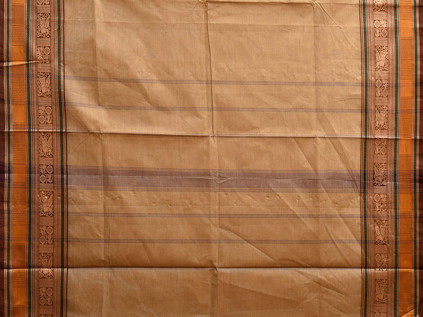 Light Yellow Kanchipuram Cotton Plain Saree with Strips Pallu Design k0928