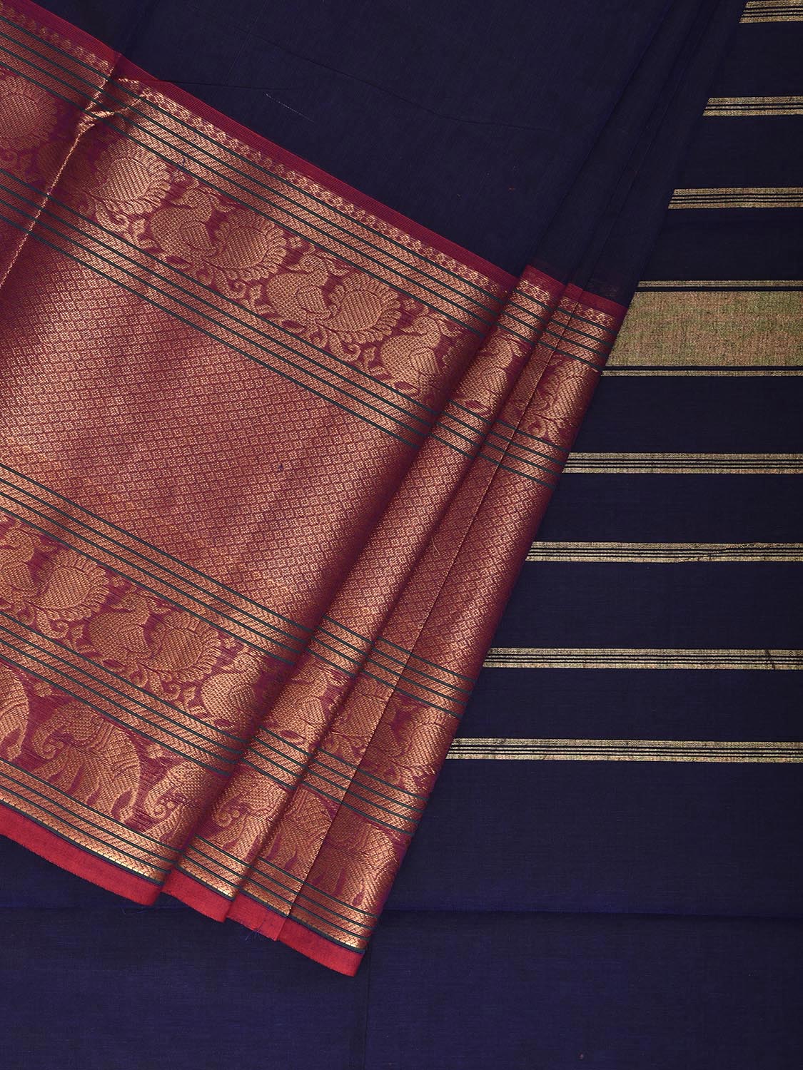 Navy and Pink Kanchipuram Cotton Plain Saree with Big Border and Strips Pallu Design k0929