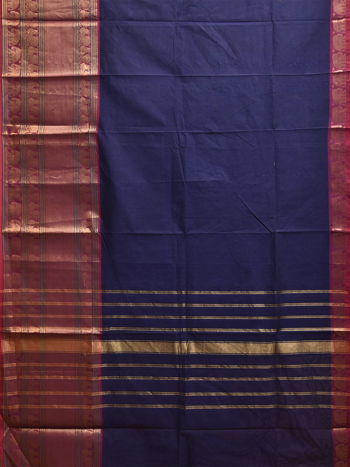 Navy and Pink Kanchipuram Cotton Plain Saree with Big Border and Strips Pallu Design k0929