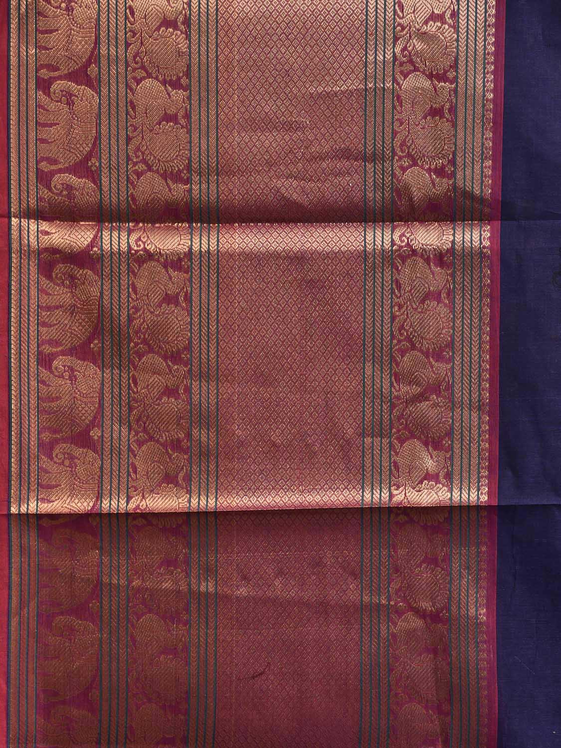 Navy and Pink Kanchipuram Cotton Plain Saree with Big Border and Strips Pallu Design k0929
