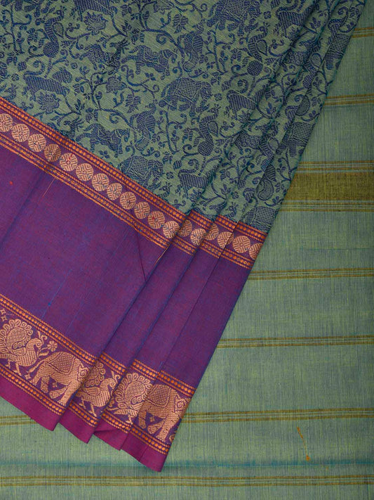 Turquoise and Purple Kanchipuram Cotton Saree with Middle Brocade Design k0930