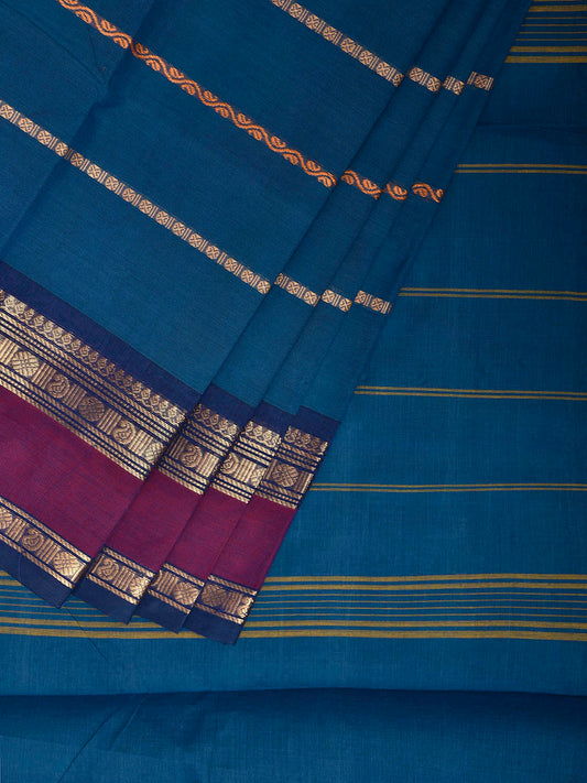 Teal and Purple Kanchipuram Cotton Saree with Strips Design k0931