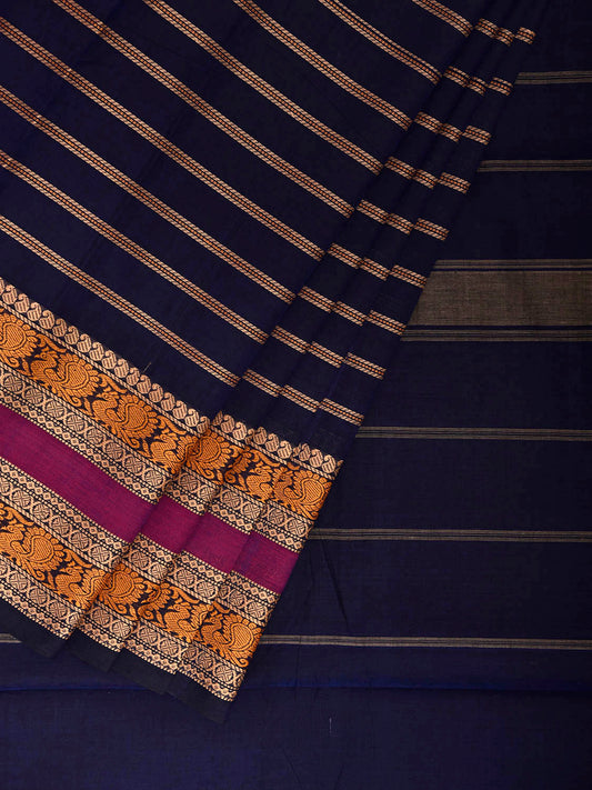 Navy Kanchipuram Cotton Saree with Strips and Border Design k0932