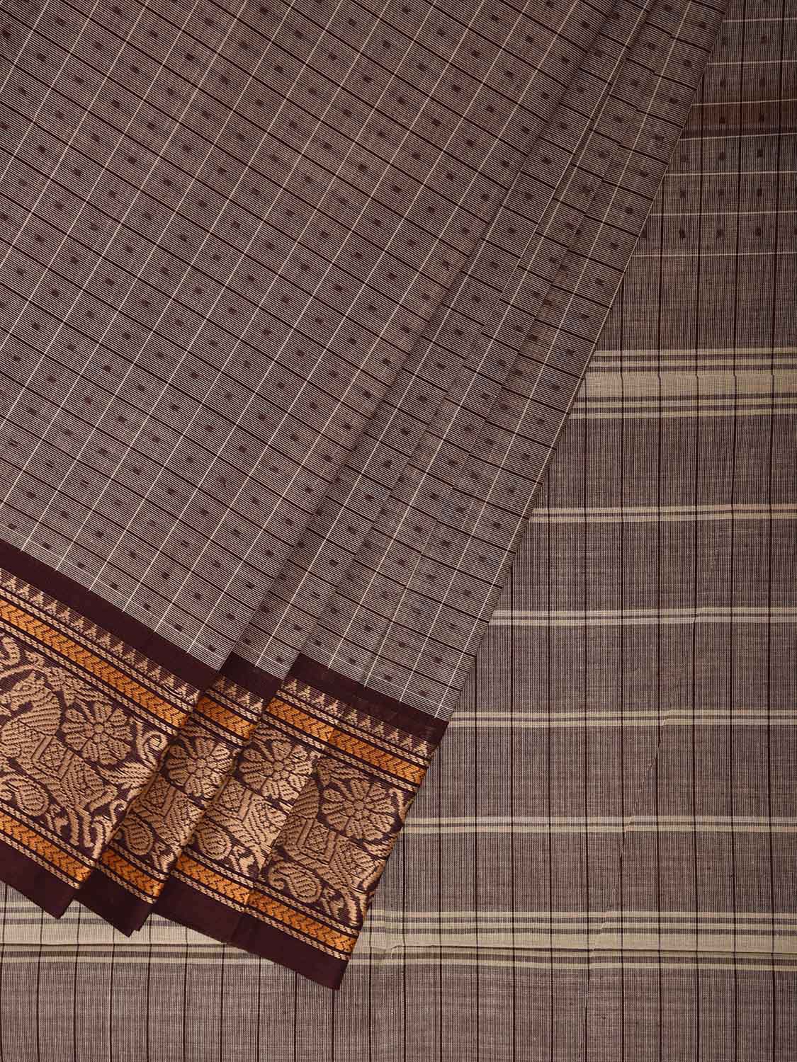 Light Fawn and Brown Kanchipuram Cotton Saree with Checks and Border Design k0933