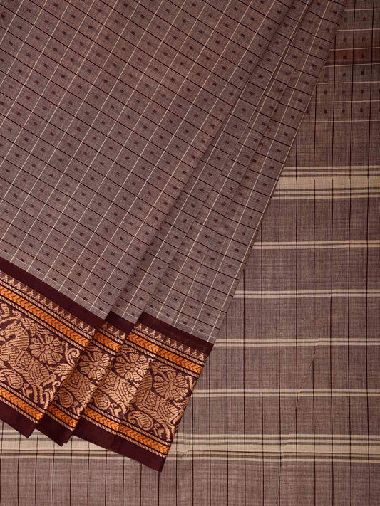 Light Fawn and Brown Kanchipuram Cotton Saree with Checks and Border Design k0933