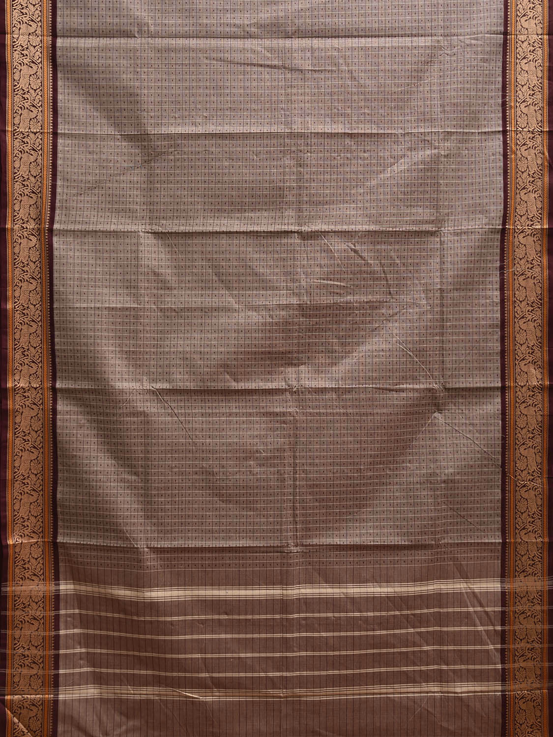 Light Fawn and Brown Kanchipuram Cotton Saree with Checks and Border Design k0933