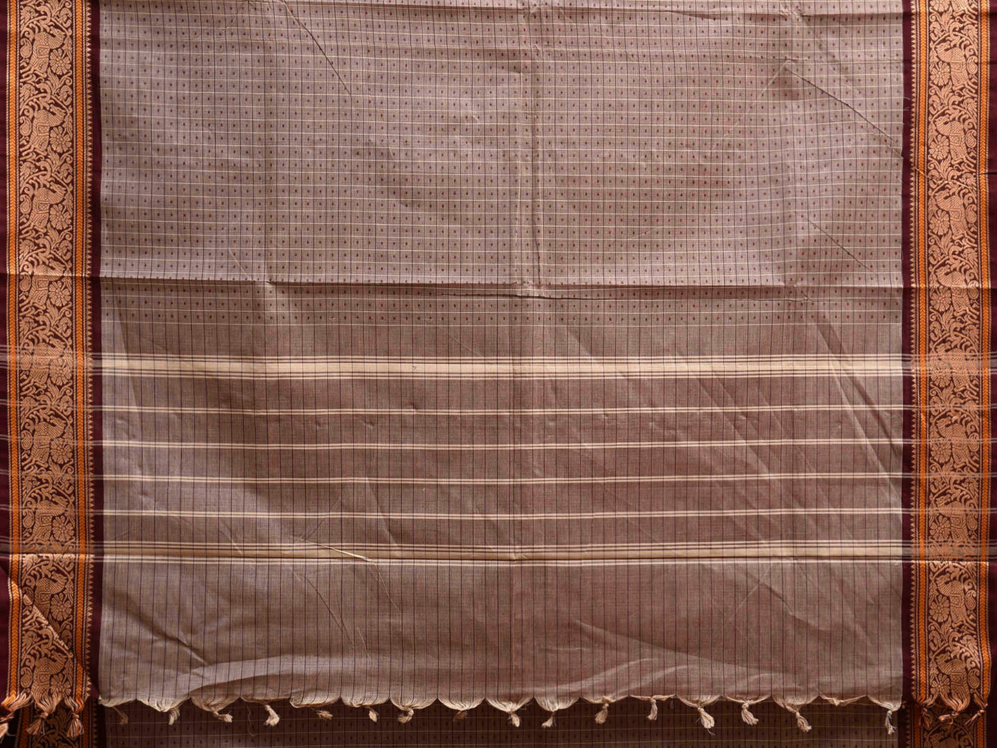 Light Fawn and Brown Kanchipuram Cotton Saree with Checks and Border Design k0933