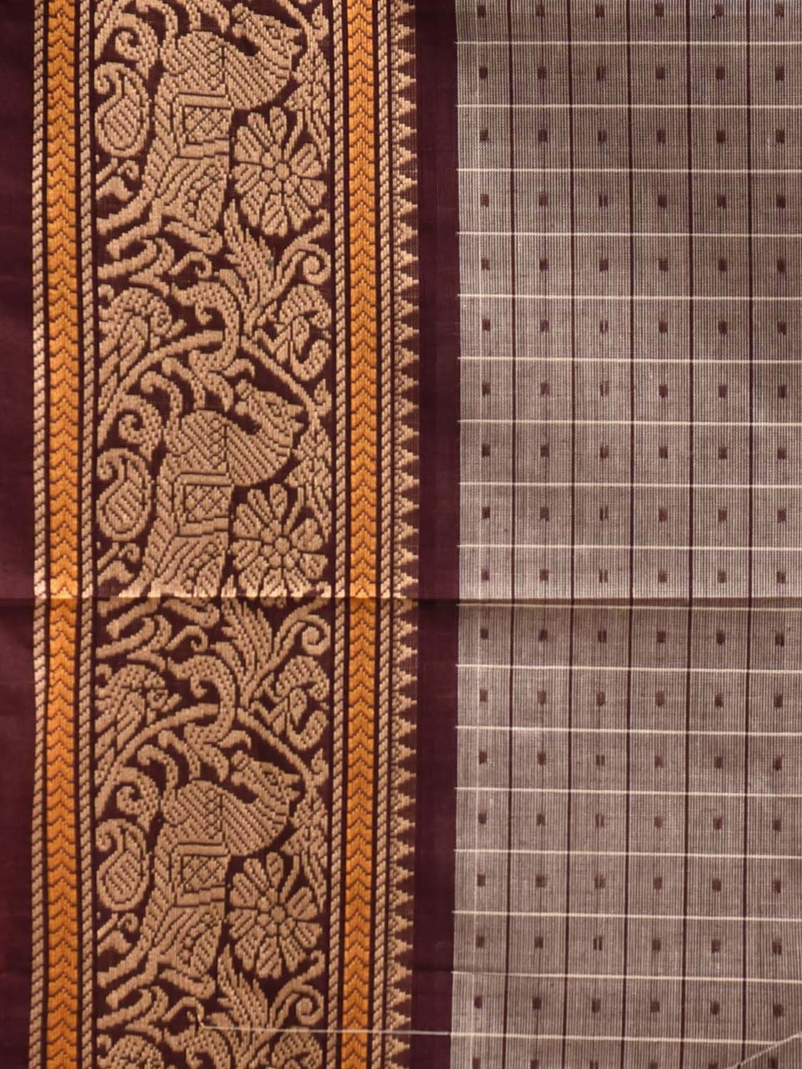 Light Fawn and Brown Kanchipuram Cotton Saree with Checks and Border Design k0933