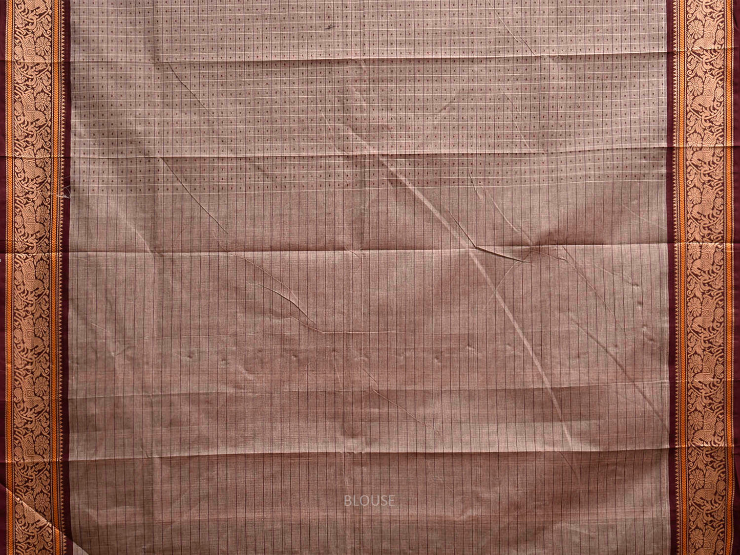 Light Fawn and Brown Kanchipuram Cotton Saree with Checks and Border Design k0933