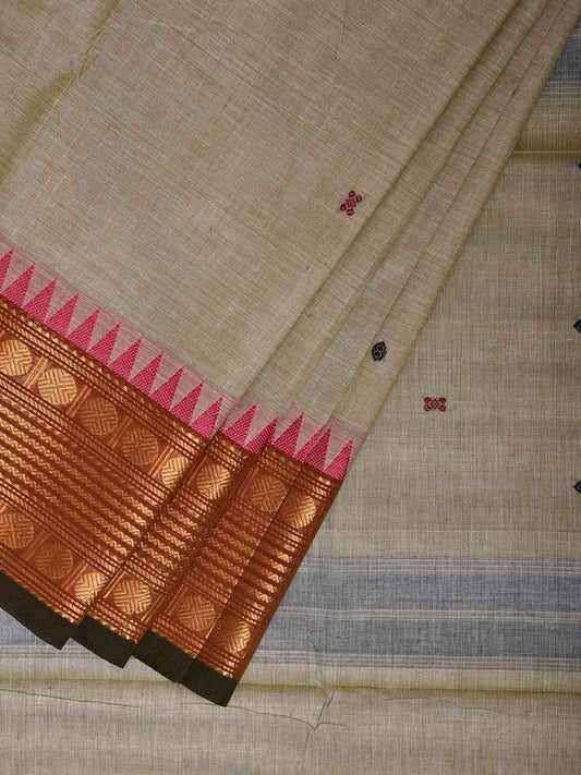 Light Yellow and Fawn Kanchipuram Cotton Saree with Small Buta and Border Design k0934