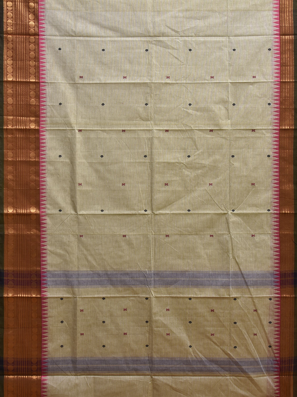 Light Yellow and Fawn Kanchipuram Cotton Saree with Small Buta and Border Design k0934