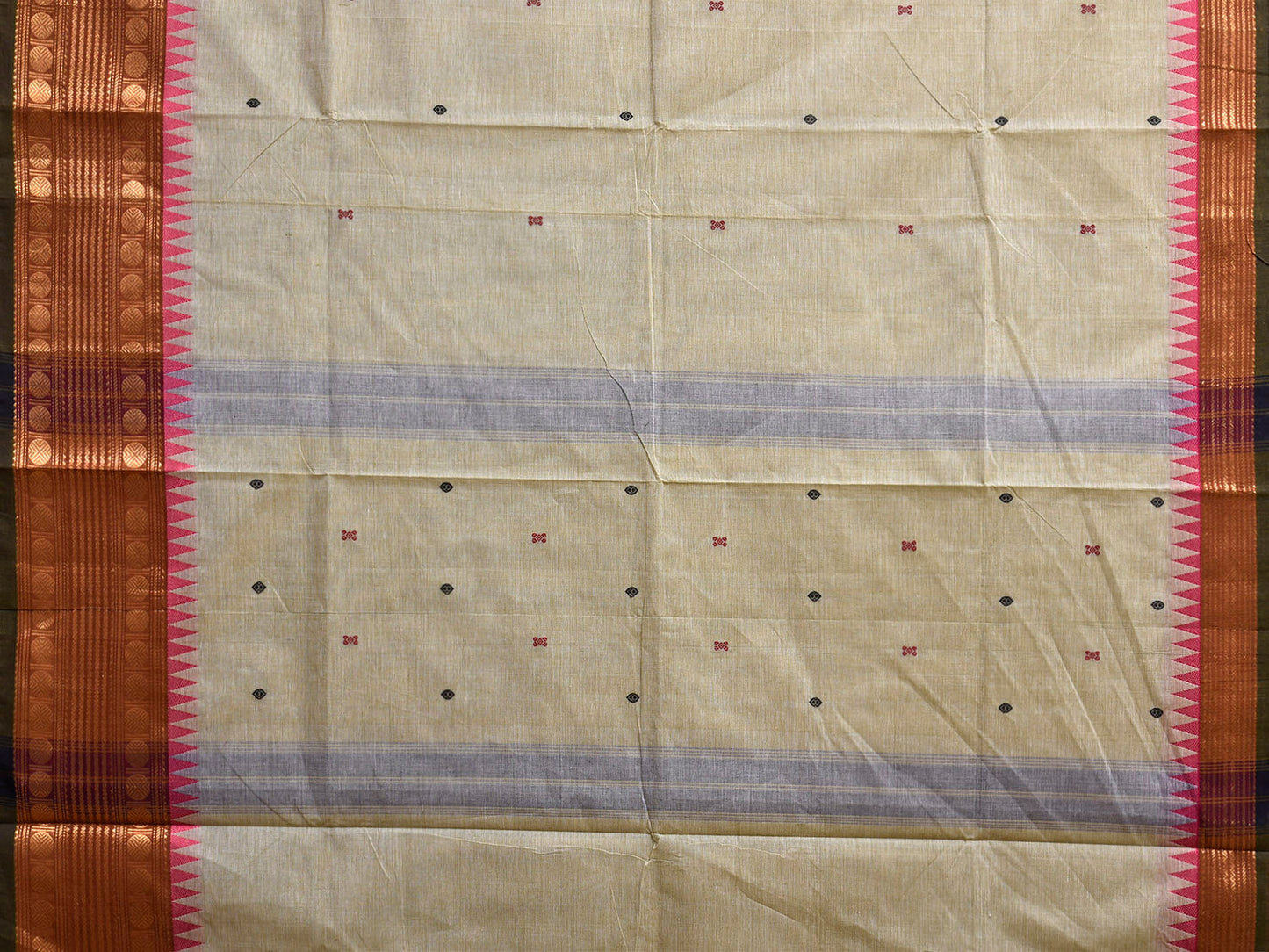 Light Yellow and Fawn Kanchipuram Cotton Saree with Small Buta and Border Design k0934