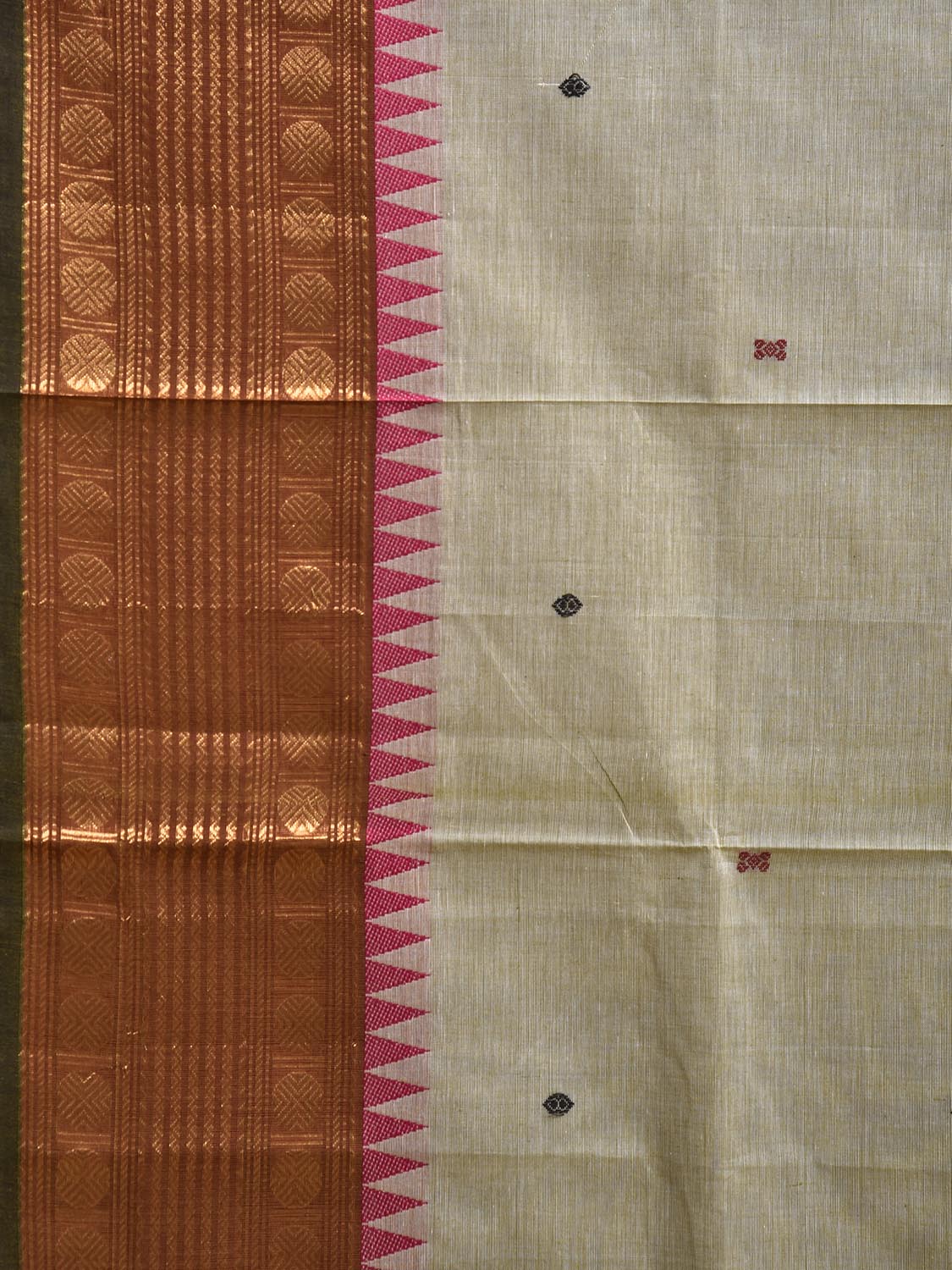 Light Yellow and Fawn Kanchipuram Cotton Saree with Small Buta and Border Design k0934