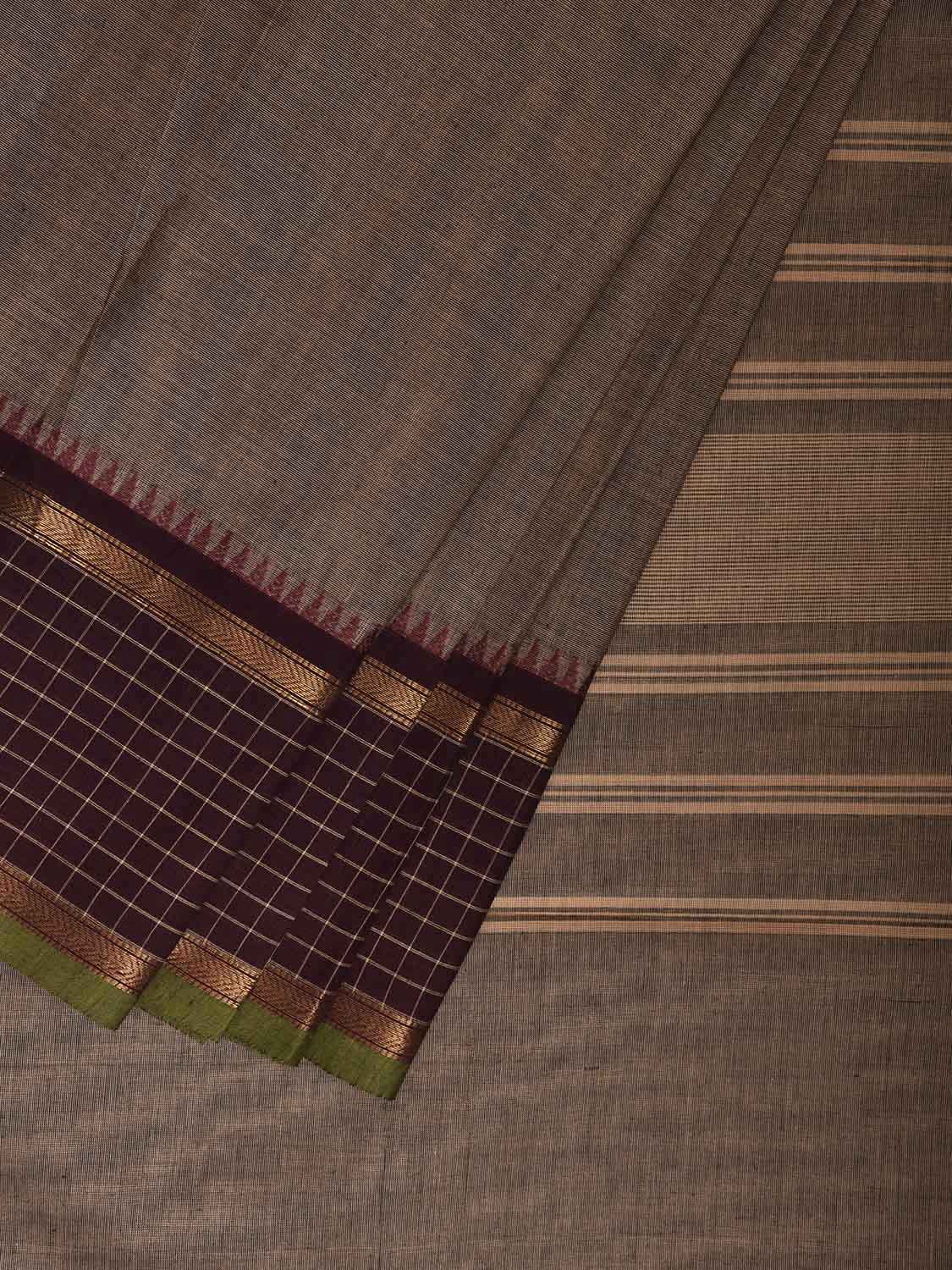 Khaki and Brown Kanchipuram Cotton Plain Saree with Checks Border Design k0935