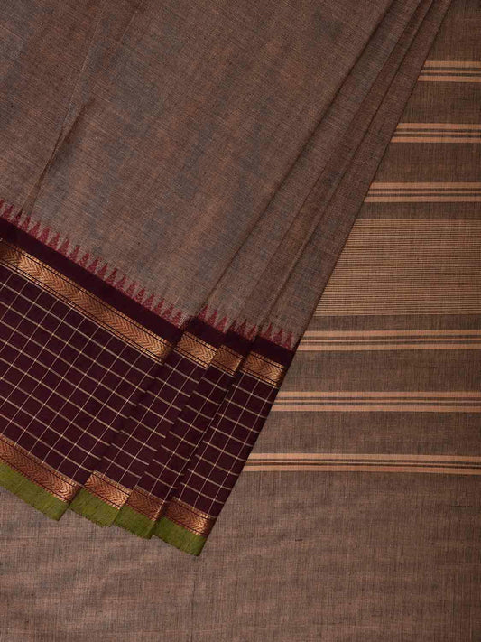 Khaki and Brown Kanchipuram Cotton Plain Saree with Checks Border Design k0935