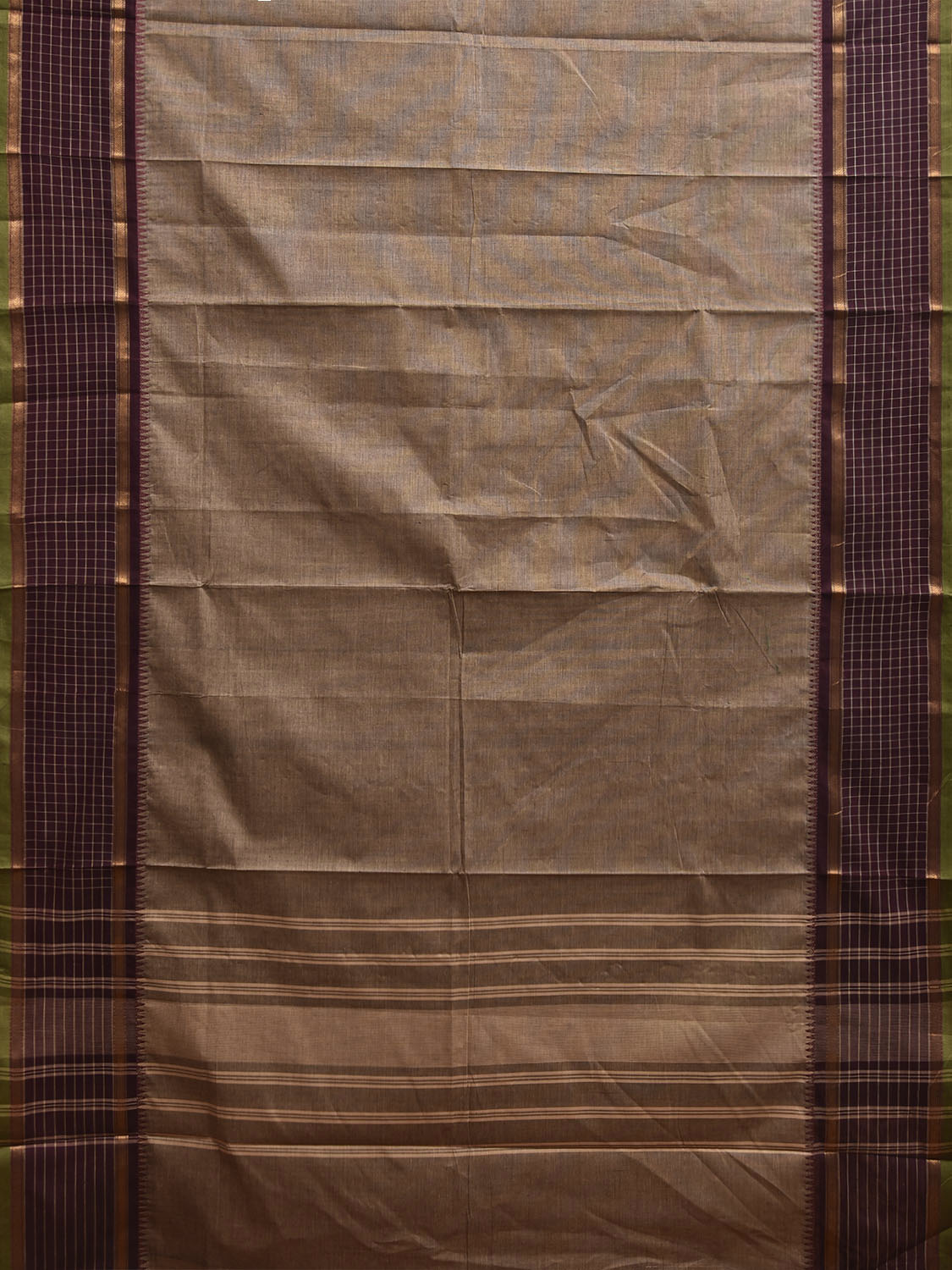 Khaki and Brown Kanchipuram Cotton Plain Saree with Checks Border Design k0935