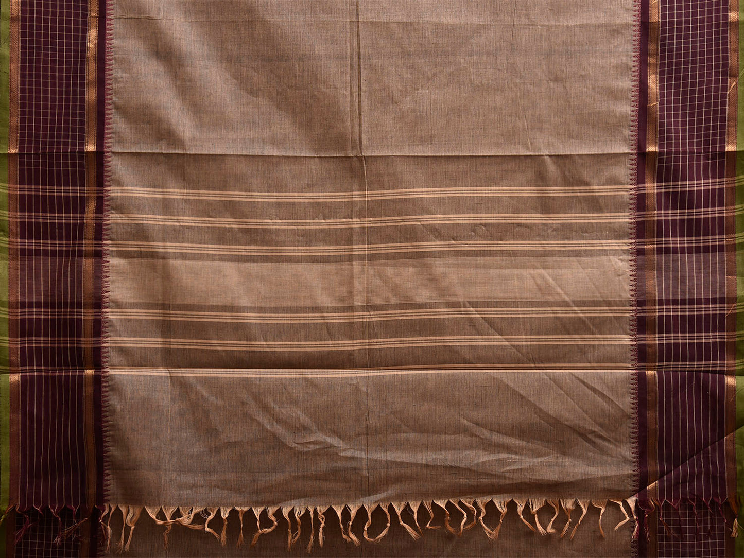 Khaki and Brown Kanchipuram Cotton Plain Saree with Checks Border Design k0935