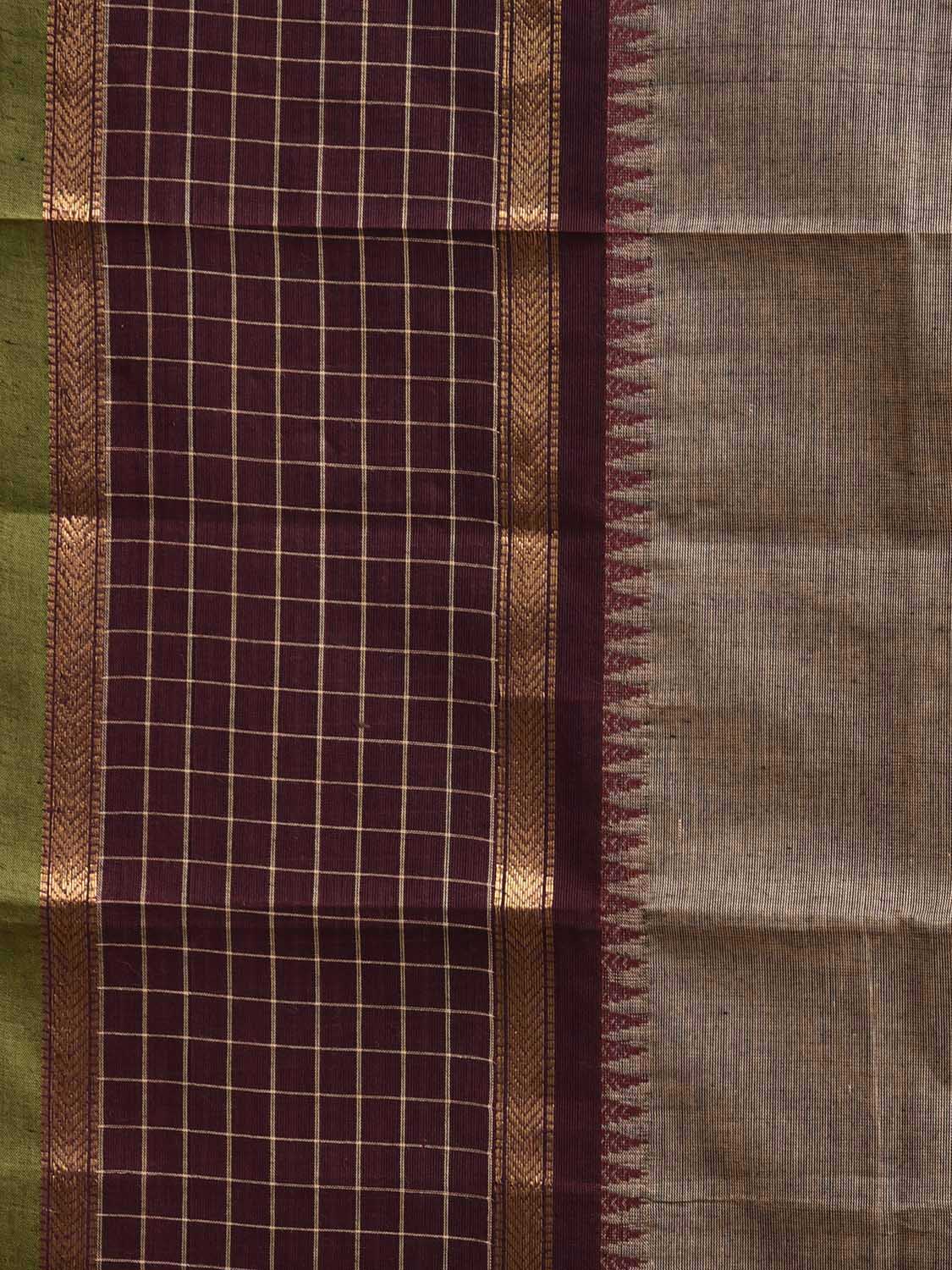 Khaki and Brown Kanchipuram Cotton Plain Saree with Checks Border Design k0935