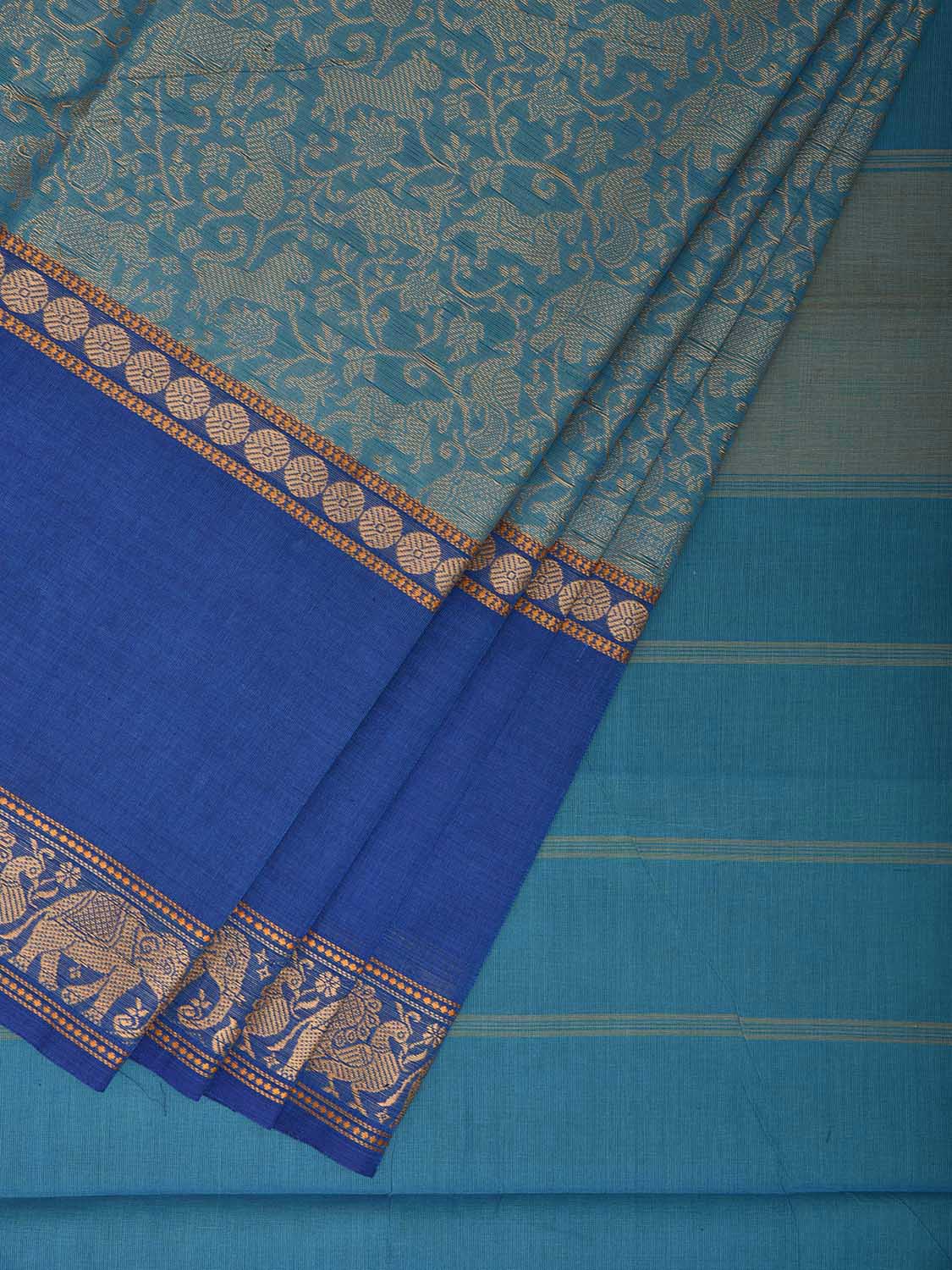 Blue and Turquoise Kanchipuram Cotton Saree with Middle Brocade Design k0936
