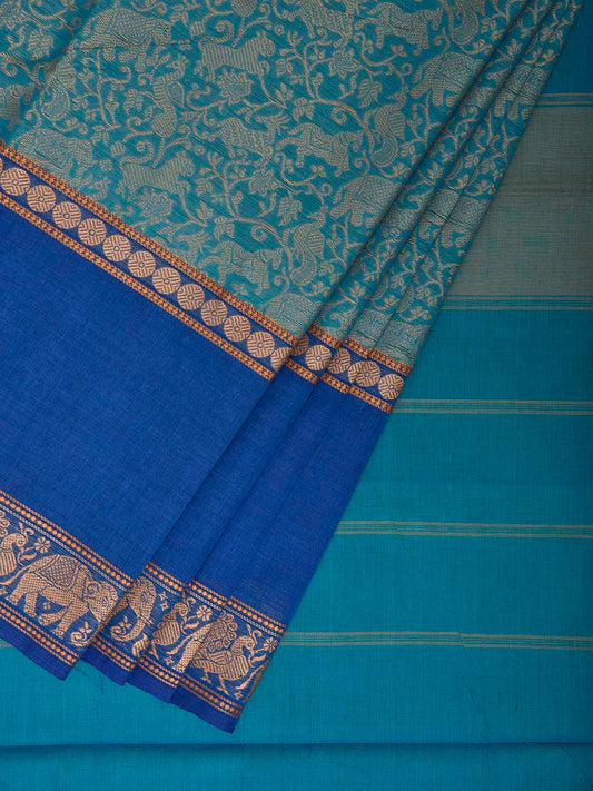 Blue and Turquoise Kanchipuram Cotton Saree with Middle Brocade Design k0936