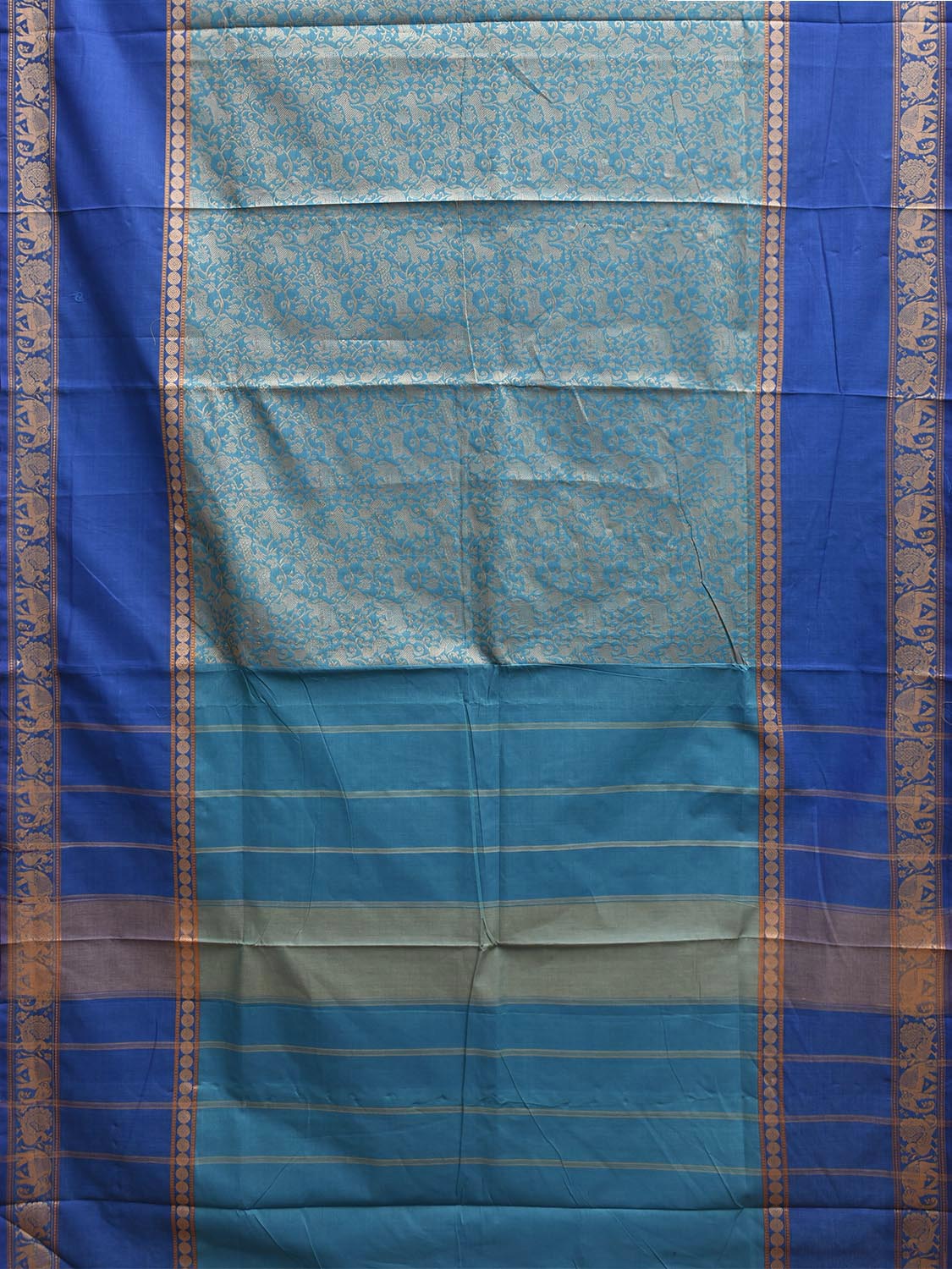 Blue and Turquoise Kanchipuram Cotton Saree with Middle Brocade Design k0936