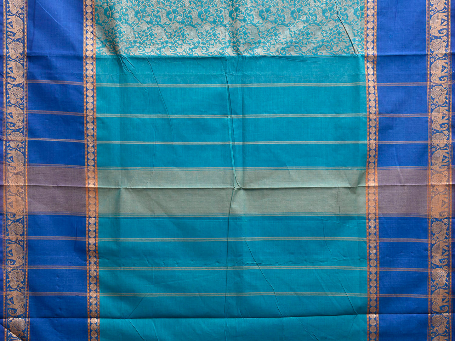 Blue and Turquoise Kanchipuram Cotton Saree with Middle Brocade Design k0936
