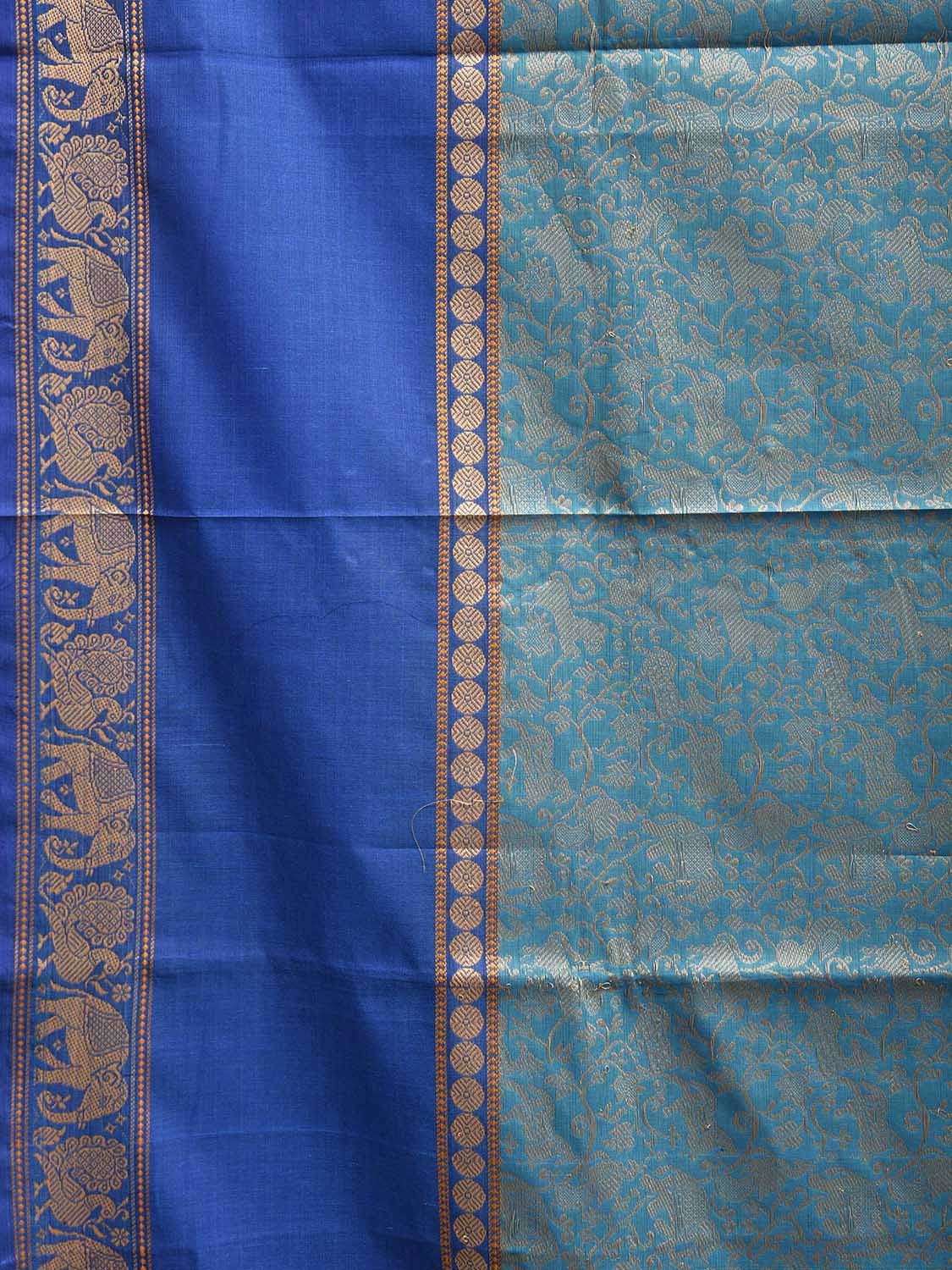 Blue and Turquoise Kanchipuram Cotton Saree with Middle Brocade Design k0936