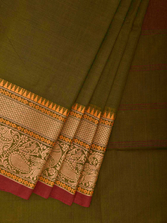 Olive Kanchipuram Cotton Plain Saree with Border Design k0937
