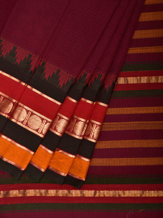 Wine Kanchipuram Cotton Saree with One Side Big Temple Border k0938
