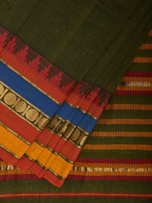 Green Kanchipuram Cotton Saree with One Side Big Temple Border k0939
