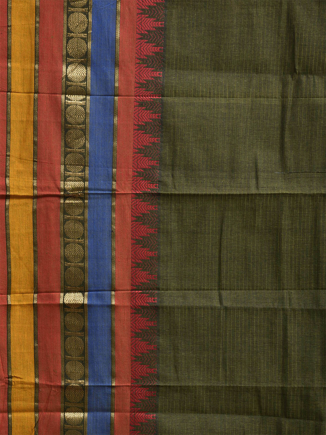 Green Kanchipuram Cotton Saree with One Side Big Temple Border k0939