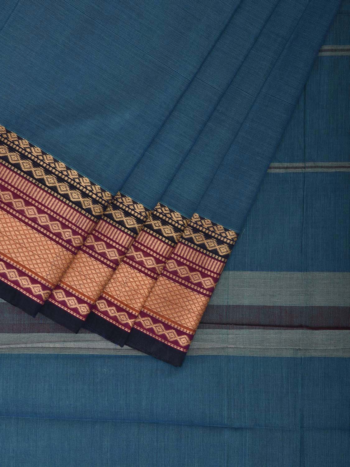 Blue Kanchipuram Cotton Plain Saree with Strips Pallu and Border Design k0941